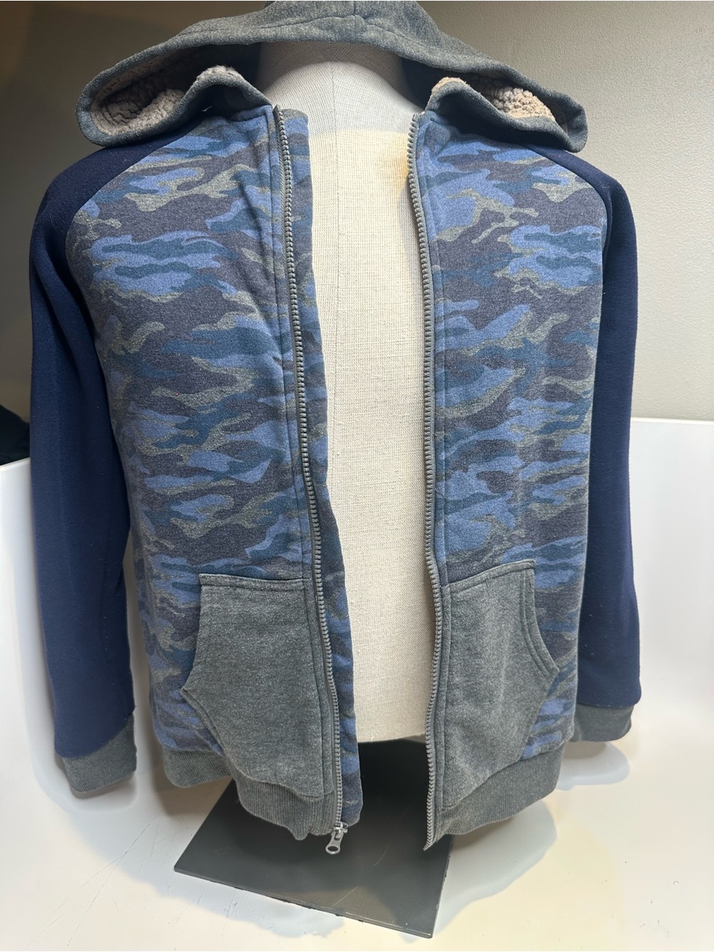 Epic Threads Blue Camouflage Zip Hoodie with Gray Trim